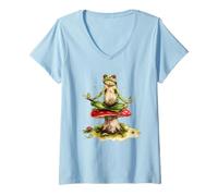 Women's Zen Frog Meditating on Mushroom Watercolor Art V-Neck T-Shirt