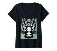 Womens Zen Meditating Panda Spiritual Vibes Bamboo Forest Art V-Neck T-Shirt