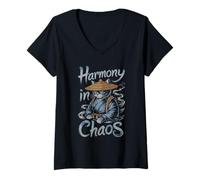 Womens Zen Samurai Cat Harmony in Chaos with Straw Hat Japanese V-Neck T-Shirt