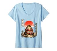 Women's Zen Samurai Frog Japanese Red Sun Art V-Neck T-Shirt