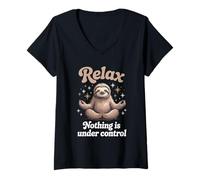 Women's Zen Sloth Meditation Calm Chaos Humor Design V-Neck T-Shirt