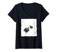 Womens Zen Turtles Japanese Sumi-e Ink Wash Painting Harmony V-Neck T-Shirt