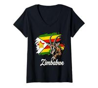 Women's Zimbabwe Flag Sable Antelope National Pride V-Neck T-Shirt