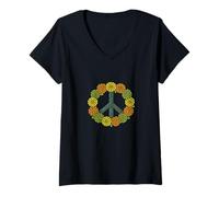 Womens Zinnias Peace Sign Retro Floral Hippie Garden Nature Design V-Neck T-Shirt
