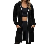 Womens Zip Hoodies Long Sleeve Tops Oversized Double Zippered Longline Hoodie Solid Color Hooded Cardigans Fleece Jackets Casual Loose Fit Hoody Winter Long Coats with Pockets (Black, XXXL)