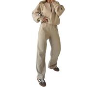 Womens Zip Up Bomber Jacket and Trouser 2 Piece Set Ladies Long Sleeve Plain Jacket and Straight Leg Trouser Stretchy Tracksuit Casual Wear Winter Warm Wear Joggers Fleece Co-Ord Set