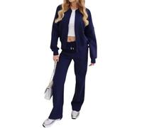 Womens Zip Up Bomber Jacket and Trouser 2 Piece Set Ladies Long Sleeve Plain Jacket and Straight Leg Trouser Stretchy Tracksuit Casual Wear Winter Warm Wear Joggers Fleece Co-Ord Set