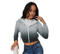 Women's Zip Up Hoodies Cropped Cardigan Jacket Drawstring Hooded Sweatshirts Casual Long Sleeve Clothing Top, Grey-black, S