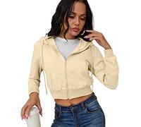 Women's Zip Up Hoodies Cropped Cardigan Jacket Drawstring Hooded Sweatshirts Casual Long Sleeve Top…, Beige, Medium