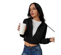 Women's Zip Up Hoodies Cropped Cardigan Jacket Drawstring Hooded Sweatshirts Casual Long Sleeve Top…, Black, Large