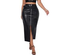 Women's Zip Up Midi Leather Skirt with Belt High Waist Split Leather Skirt, Black, XL