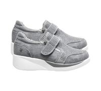 Womens Zip Up PU Leather Wedge Trainers Rhinestone Embellished Sneakers Casual Walking Shoes with Fastening Strap for Everyday Grey