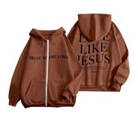 Women's Zip Up Trust In The Lord Cool Hoodies 2025 Jesus Christian Hooded Jackets Essential Cute Letter Love Like Jesus Fleece Lined Trendy Graphic Drawstring Clothes Ladies Pullover Coffee