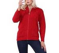 Womens Zipped Cable Knit Long Sleeve Collar Cardigan, Ladies Classic Chunky Winter Knitwear Zip Through Fasten with Pockets Pullover Jumper Top Zipper UK Plus Size 8-22, Red-12-14