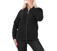 Womens Zipped Cable Knit Long Sleeve Collar Cardigan, Ladies Classic Chunky Winter Knitwear Zip Through Fasten with Pockets Pullover Jumper Top Zipper UK Plus Size 8-22, Black-16-18