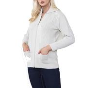 Womens Zipped Cable Knit Long Sleeve Collar Cardigan, Ladies Classic Chunky Winter Knitwear Zip Through Fasten with Pockets Pullover Jumper Top Zipper UK Plus Size 8-22, Cream-8-10