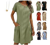 Women's Zipper Pocket Cotton Linen Dress, Solid Color Round Neck A-Line Above-Knee Casual Short Sleeve Dress for Summer (UK, Alpha, M, Regular, Regular, Green)