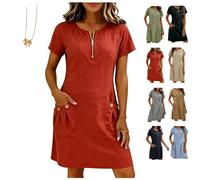 Women's Zipper Pocket Cotton Linen Dress, Solid Color Round Neck A-Line Above-Knee Casual Short Sleeve Dress for Summer (UK, Alpha, XL, Regular, Regular, Red)