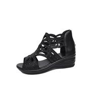 Women's Zipper Wedge Sandals Crystal Embellished Platform Open Toe High Heel Summer Gladiator Shoes Black