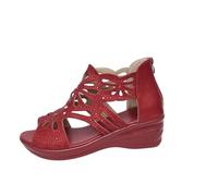 Women's Zipper Wedge Sandals Crystal Embellished Platform Open Toe High Heel Summer Gladiator Shoes Red