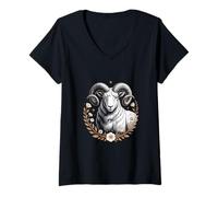Womens Zodiac Ram Celestial Floral Wreath Stars Aries V-Neck T-Shirt