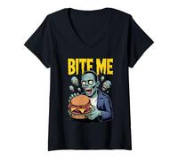 Womens Zombie Burger Funny Food Halloween V-Neck T-Shirt