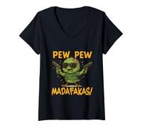 Womens Zombie Chick with The Phrase Pew Madafakas V-Neck T-Shirt