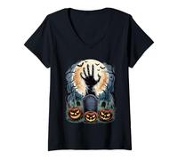 Womens Zombie Hand Rising Graveyard Pumpkin Halloween V-Neck T-Shirt