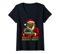 Womens Zombie Santa Claus Dark Silent Deadly Night Christmas V-Neck T-Shirt