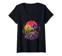 Women's Zombies and Plants Dark Retro Cartoon V-Neck T-Shirt