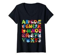 Women's Zoo Animal Alphabet ABCs Learning Cute Kindergarten Teacher V-Neck T-Shirt