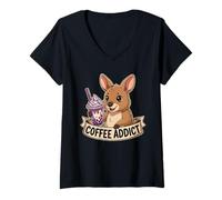 Womens Zoo Enthusiast Cute Baby Kangaroo Boba Tea Coffee Addict V-Neck T-Shirt