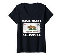 Women's Zuma Beach California Flag Distressed V-Neck T-Shirt