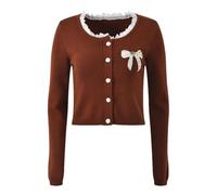 Women'sbeads Lace Splicing O-Neck Long Sleeve Single-Breasted Knits Cardigan Brown L(US-0810)