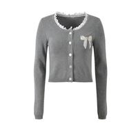 Women'sbeads Lace Splicing O-Neck Long Sleeve Single-Breasted Knits Cardigan Gray L(US-0810)