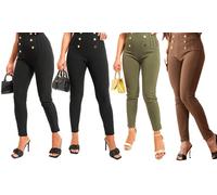 Women'sGold Button Waist Detail Stretch Fit Smart Trousers: White/S-M