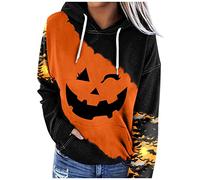 Womens's Halloween Sweatshirts Pumpkin Face Colorblock Hooded Fleece Lined Pullover Autumn Winter Warm Sweatshirt Trick or Treat Clothing Ladies Casual Tops Festival Treating Black