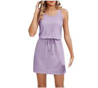 Womens's Summer Dresses UK Casual Drawstring Waist Dresses Hollow Out Spaghetti Straps Summer Boho Eyelet Mini Dress Sexy Sleeveless U Neck Holiday Beach Dresses Beach Cover Ups