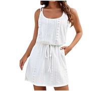 Womens's Summer Dresses UK Sale Casual Drawstring Waist Dresses Hollow Out Spaghetti Straps Summer Boho Eyelet Mini Dress Sexy Sleeveless U Neck Holiday Beach Dresses Beach Cover Ups