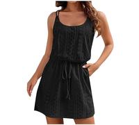 Womens's Summer Dresses UK Sale Casual Drawstring Waist Dresses Hollow Out Spaghetti Straps Summer Boho Eyelet Mini Dress Sexy Sleeveless U Neck Holiday Beach Dresses Beach Cover Ups