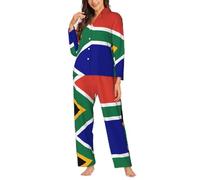 Womenssouth African Flag Pajamas Set 2 Piece Long Sleeve Sleepwear Button Down Pjs Lounge Set Nightwear Black