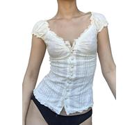 WomenY2K Short Shirts Tops Lace Slim fit Trim Aesthetic T-Shirts Vintage 90s Low cut Neck Ribbed Knit Coquette Tee Fairy Grunge Tops (Color : 09White, Size : M)
