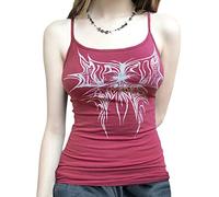 Wome's Vintage Graphic Print Crop Cami Top Sleeveless 90s Aesthetic Gothic CamisoleFairy Grunge Tank Vest Top E-Girl Streetwear (Pink, Large)