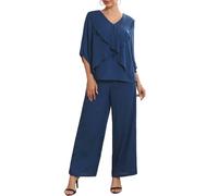 WOMLAYOUT Women Mother of Bride Chiffon Ruffles V Neck Wide Leg Top