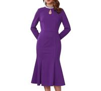 WOMLAYOUT Women's Evening Fishtail Dress Long Sleeve Sequin Trim Bodycon Formal Cocktail Midi Dresses Purple M
