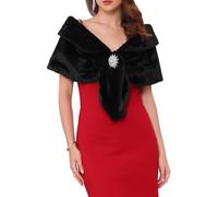 WOMLAYOUT Women's Faux Fur Shawl Wrap Cape for Bridal Wedding Party Bridal Shrug with Faux Pearl Rhinestone Brooches Black L