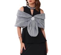 WOMLAYOUT Women's Faux Fur Shawl Wrap Cape for Bridal Wedding Party Bridal Shrug with Faux Pearl Rhinestone Brooches Grey M