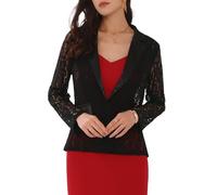 WOMLAYOUT Women's Floral Lace Blazer Mesh Lapel Collar One Button Dressy Casual Blazers Black S