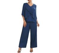 WOMLAYOUT Women's Mother of Bride Sets Chiffon Ruffles V Neck Top Wide Legs Pantsuits Wedding Guest 2 Pieces Pants Suits Dark Blue S