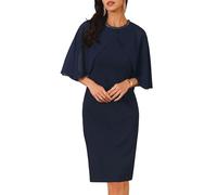 WOMLAYOUT Women's Wedding Guest Dress Beaded Crewneck Cocktail Chiffon Cape Dress Navy Blue XL